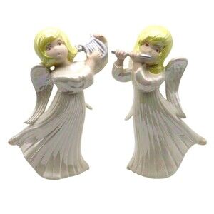 Vintage Pair of Iridescent Ceramic Angels  Christmas Holiday Atlantic Mold 12"